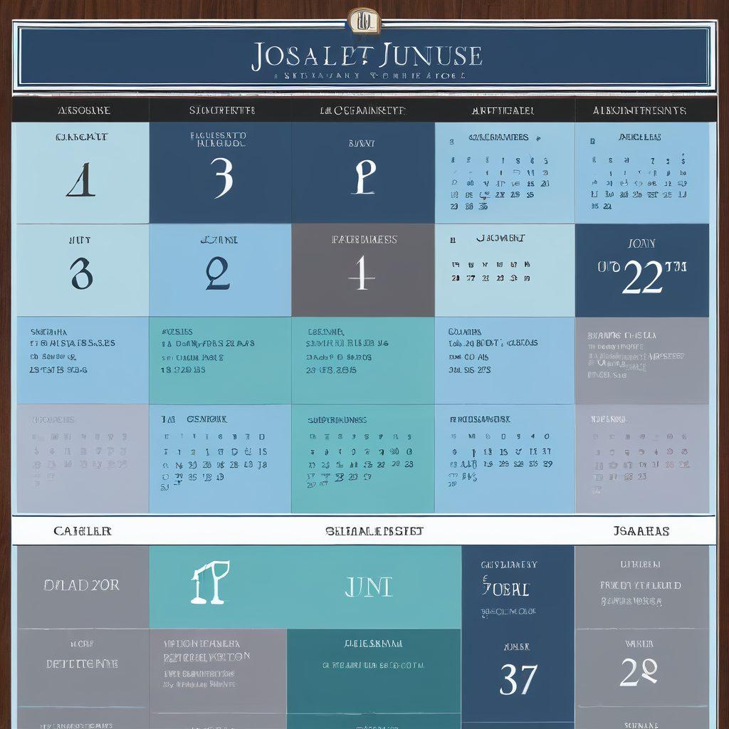 A detailed calendar with legal-themed graphics, showcasing marked legal appointments, court dates, and reminders. Incorporate illustrations of scales of justice, gavels, and courthouse icons to enhance the legal aspect. Use a clean, organized layout with sophisticated fonts for date and time labels. super-realistic. professional. vibrant colors.