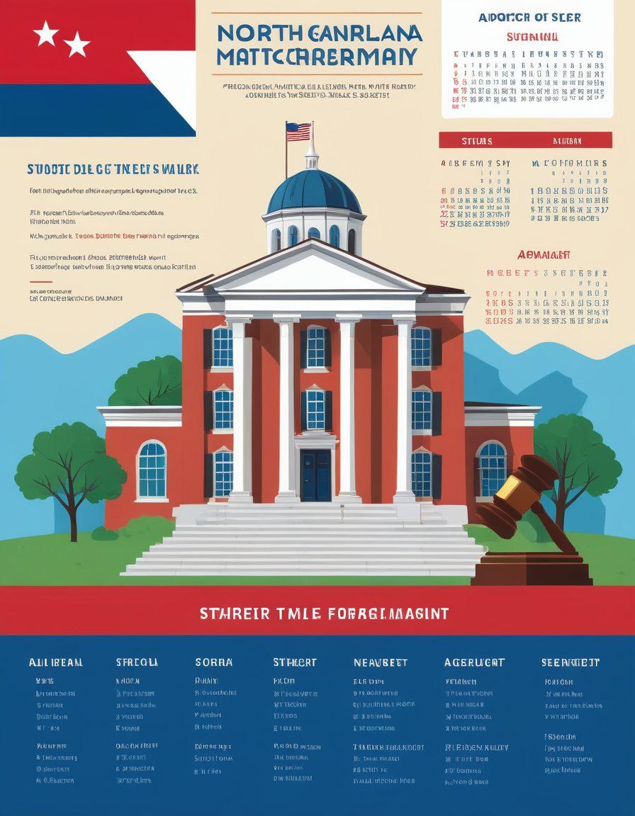A detailed, clean infographic featuring a courthouse with the North Carolina state flag in the background, a calendar with marked dates, and a gavel. Include visual icons for legal documents, appointments, and clock to signify time management. vibrant colors. infographic style.