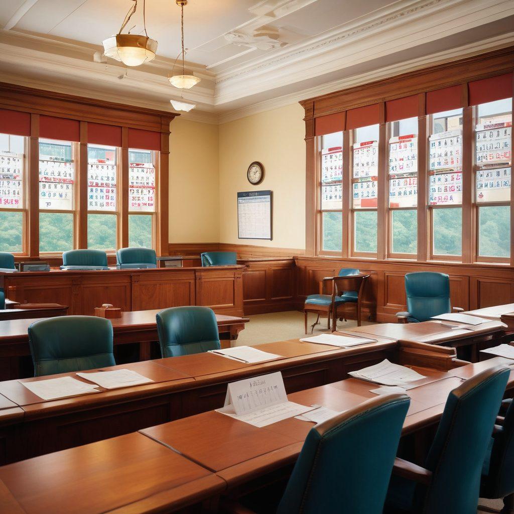 A detailed, illustrated courtroom scene in North Carolina, with a clear calendar in the foreground marking schedules of trial dates and hearings. Depict a judge, lawyers, and defendants in a dynamic composition, with a focus on the organized structure of the calendar. Include subtle yet recognizable elements of North Carolina, such as the state map or prominent buildings. realistic. vibrant colors. 